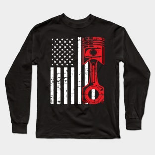 Patriotic American Flag Piston Muscle Car Vintage Distressed Long Sleeve T-Shirt